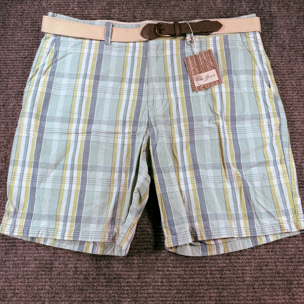 Palm Beach Mens Plaid Flat Front Shorts‎ Green Blue Belted NWT Size 40
